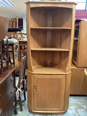 Lot 1256 - Ercol Windsor corner cupboard with open shelves and door below, 76cm wide, 180cm high