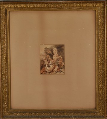 Lot 1339 - Richard Westall (1765-1836) watercolour - Battlescene, initialled, 12.5cm x 10cm, in glazed gilt frame