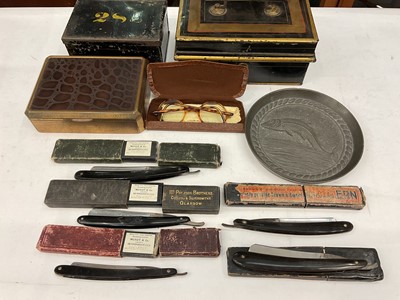 Lot 377 - Group of vintage cut throat razors, pair of vintage spectacles in case, old tins etc