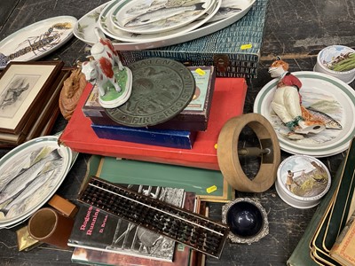 Lot 140 - Sundry items including decorative ceramics on a sporting theme, Fire insurance plaque, sporting and motoracing books, vintage games and sundries.