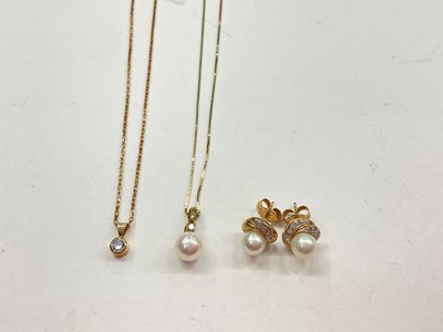 Lot 1031 - Diamond single stone pendant on 9ct gold chain, cultured pearl and diamond pendant on 9ct gold chain and pair of 9ct gold cultured pearl stud earrings