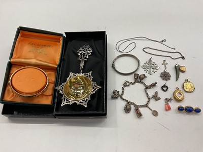 Lot 1037 - Group of silver and white metal jewellery, continental silver (800) tea strainer, gold plated bangle, Christian Dior brooch and other costume jewellery