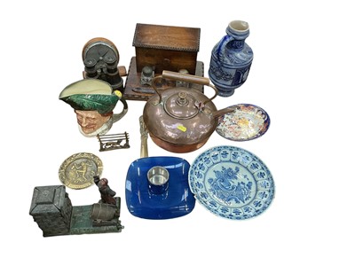 Lot 517 - Sundry items, including an antique delftware plate, copper kettle, cast iron money box, etc