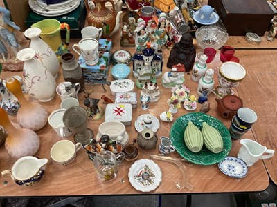 Lot 504 - Sundry ceramics and glassware including a pair of cameo glass vases, Staffordshire pottery, pair of drabware jugs, etc