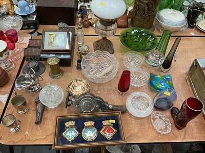 Lot 487 - Sundry items, including an oil lamp, art glass, silver plate, etc