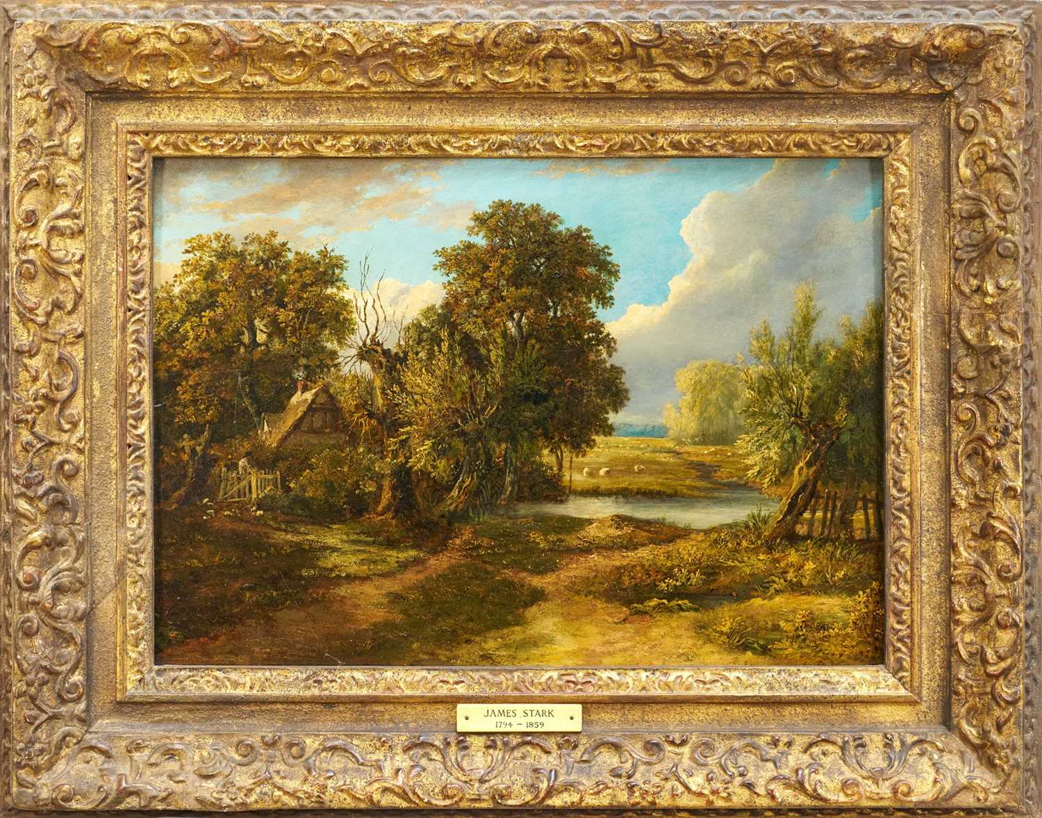 Lot 1326 - James Stark (1794-1859) oil on panel - Rural Landscape with Figure by a Riverside Cottage, 26cm x 36cm, in gilt frame