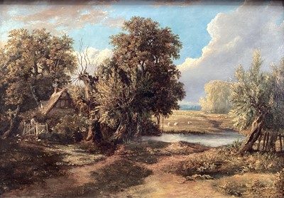 Lot 1326 - James Stark (1794-1859) oil on panel - Rural Landscape with Figure by a Riverside Cottage, 26cm x 36cm, in gilt frame