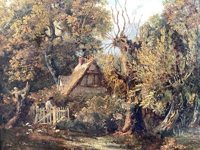 Lot 1326 - James Stark (1794-1859) oil on panel - Rural Landscape with Figure by a Riverside Cottage, 26cm x 36cm, in gilt frame