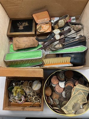 Lot 1124 - Costume jewellery, wristwatches including a 9ct gold cased Albion watch, two Georgian silver teaspoons, silver sugar tongs, coins and bijouterie