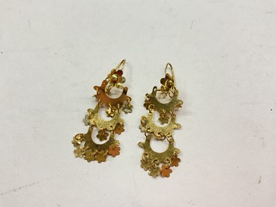 Lot 1071 - Pair of 18ct gold Eastern-style floral drop earrings