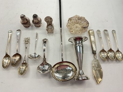 Lot 1154 - Georgian toddy ladle, silver spill vase, pair of silver pepperettes, white metal filigree basket and chair, group of silver flatware, some plated