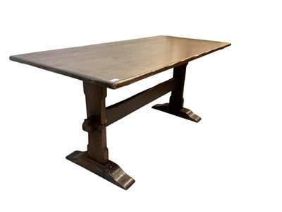 Lot 1274 - Oak refectory table on end standards joined by stretchers, 167cm x 75.5cm x 76cm high