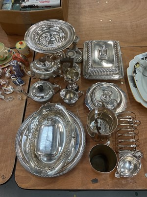 Lot 471 - Group of silver plated wares to include an entree dish, comport and candlesticks.