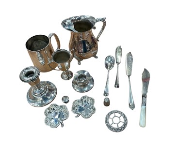 Lot 1112 - Pair of silver Shamrock dishes, two silver candlesticks and other silver plated wares.