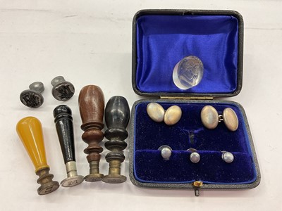 Lot 1155 - Pair of silver cufflinks and three silver collar studs in fitted case, together with a 19th century intaglio seal and six other seals