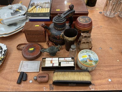 Lot 474 - Group of mixed items to include a box brownie camera, horn beaker, Quimper pot and cover and hardstone elephant ornaments.