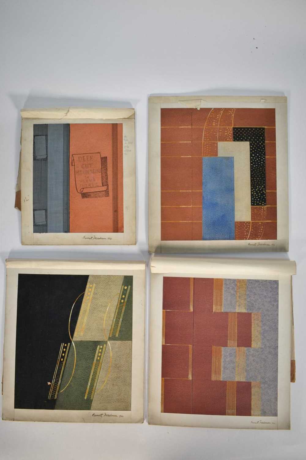 Lot 1403 - *Barnett Freedman (1901-1958) - four mixed media book binding designs for Leighton-Straker, signed and dated 1934, to include 'Deep Cut Mountains by Herma Shervil'