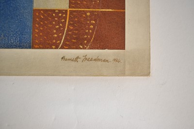 Lot 1403 - *Barnett Freedman (1901-1958) - four mixed media book binding designs for Leighton-Straker, signed and dated 1934, to include 'Deep Cut Mountains by Herma Shervil'