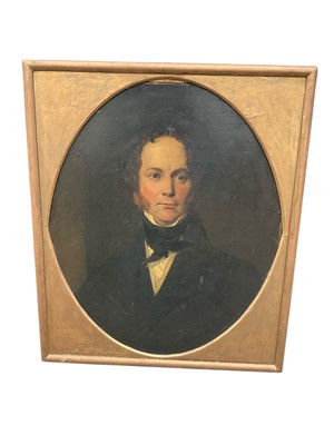 Lot 150 - English school, mid 19th century, oil on canvas portrait of a Gentleman, named verso as John Lewis, oval, 74 x 62cm, framed