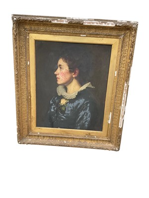 Lot 152 - Late 19th century oil on canvas, portrait of a young lady in profile, 53 x 42cm, gilt frame and two further portraits