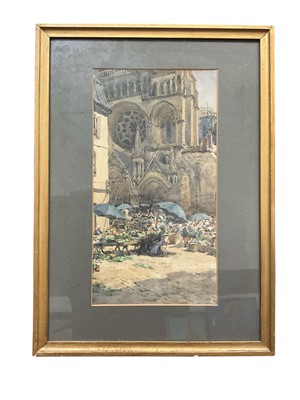 Lot 156 - English School, early 20th century, market before Laon cathedral, together with a group of various watercolours, all framed