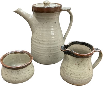 Lot 103 - Geoffrey Whiting (1919-1988) studio pottery coffee set, comprising coffee pot, milk jug and sugar bowl