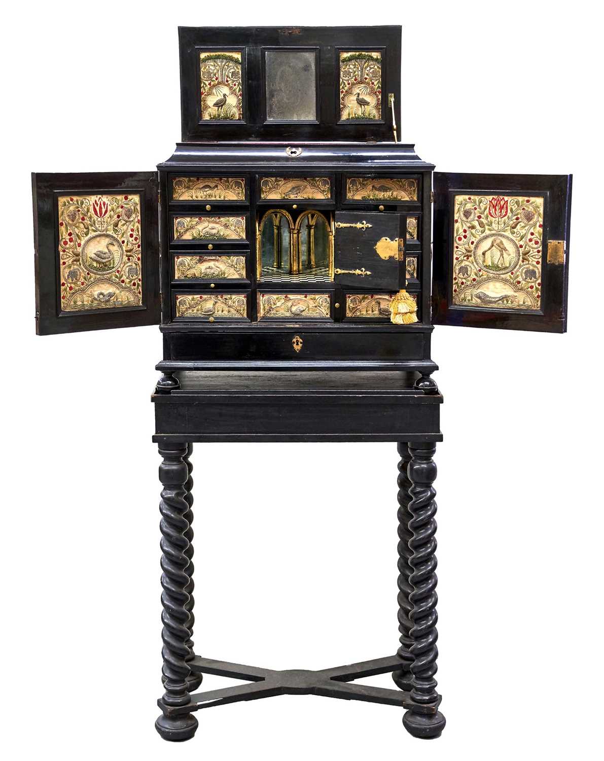 Lot 1657 - Fine and rare 17th century Flemish ebonised and stumpwork embroidery augmented cabinet