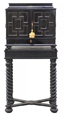 Lot 1657 - Fine and rare 17th century Flemish ebonised and stumpwork embroidery augmented cabinet