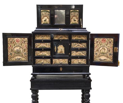 Lot 1657 - Fine and rare 17th century Flemish ebonised and stumpwork embroidery augmented cabinet