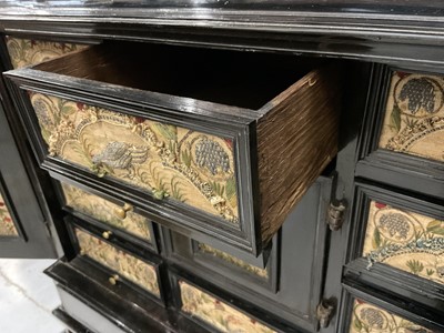 Lot 1657 - Fine and rare 17th century Flemish ebonised and stumpwork embroidery augmented cabinet