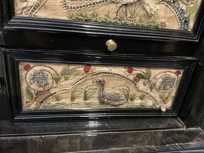 Lot 1657 - Fine and rare 17th century Flemish ebonised and stumpwork embroidery augmented cabinet