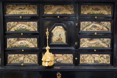 Lot 1657 - Fine and rare 17th century Flemish ebonised and stumpwork embroidery augmented cabinet