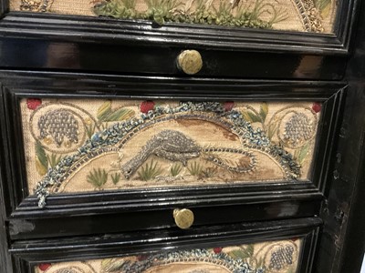 Lot 1657 - Fine and rare 17th century Flemish ebonised and stumpwork embroidery augmented cabinet