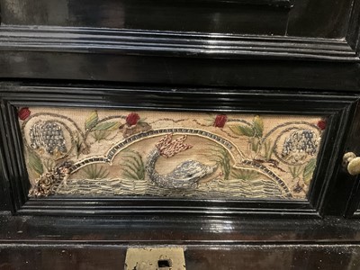 Lot 1657 - Fine and rare 17th century Flemish ebonised and stumpwork embroidery augmented cabinet