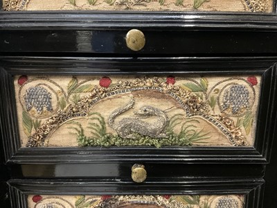 Lot 1657 - Fine and rare 17th century Flemish ebonised and stumpwork embroidery augmented cabinet