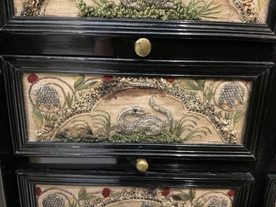 Lot 1657 - Fine and rare 17th century Flemish ebonised and stumpwork embroidery augmented cabinet