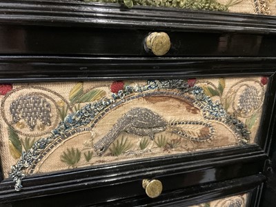 Lot 1657 - Fine and rare 17th century Flemish ebonised and stumpwork embroidery augmented cabinet