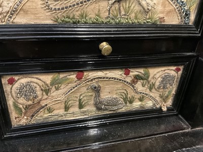 Lot 1657 - Fine and rare 17th century Flemish ebonised and stumpwork embroidery augmented cabinet