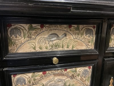 Lot 1657 - Fine and rare 17th century Flemish ebonised and stumpwork embroidery augmented cabinet