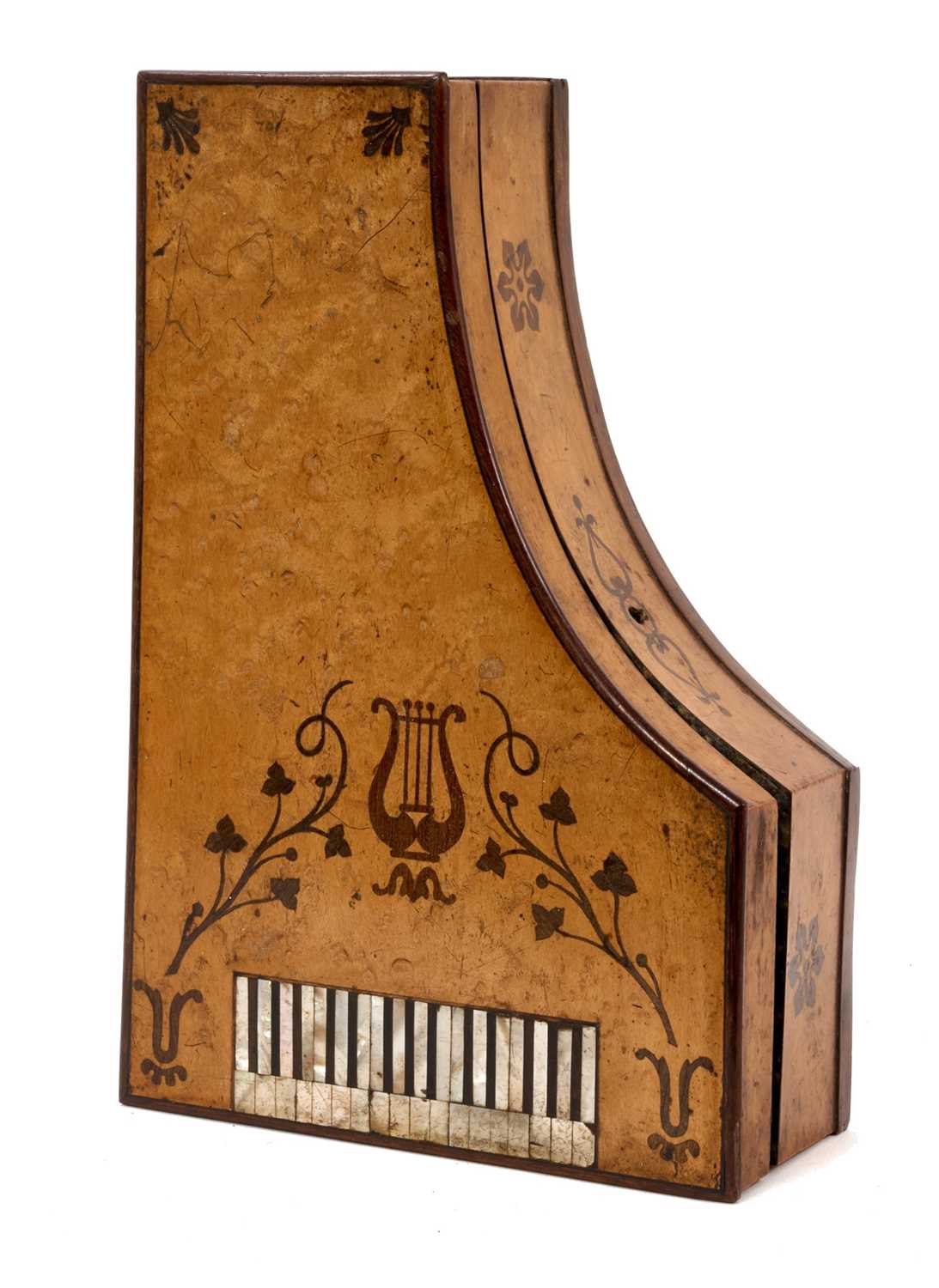 Lot 831 - 19th century French burr wood and abalone inlaid work box in the form of a piano