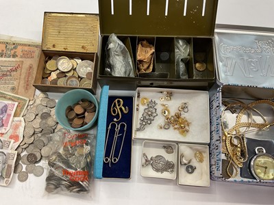 Lot 1163 - Group of costume jewellery, wristwatches, Siro pocket watch, together with coins and banknotes, pre and post decimal