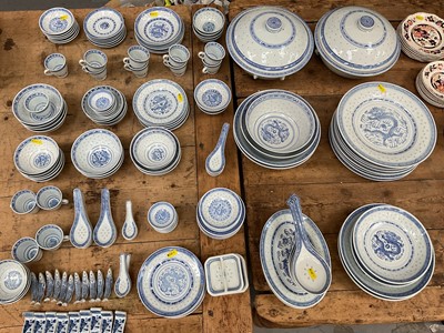 Lot 53 - Large quantity of Chinese blue and white rice pattern china, including dinner plates, soup bowls, cups, saucers, chopstick rests, etc