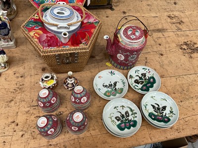 Lot 28 - Group of six antique Chinese famille rose saucers, together with two Chinese teapots, tea bowls, and two antique Crown Derby vases