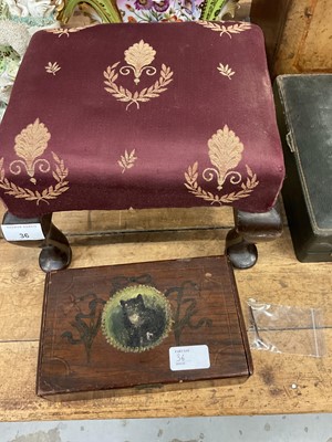 Lot 36 - Antique stool with cabriole legs, a box of sundries, including pens etc