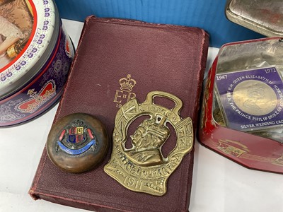 Lot 375 - Group of Royalty related items, including five brass badges by Jennens London with the Royal coat of arms