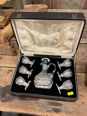 Lot 42 - Edwardian cut glass liqueur set with engraved grapevine decoration