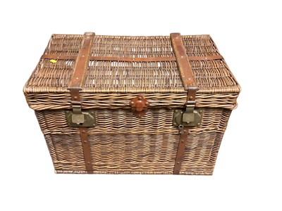 Lot 1331 - Large wicker trunk with metal strapwork, 72cm x 43cm x 50cm high