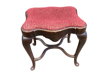 Lot 1335 - George I style mahogany dressing stool with drop in seat on cabriole legs joined by stretchers, 51cm x 40cm x 50cm high