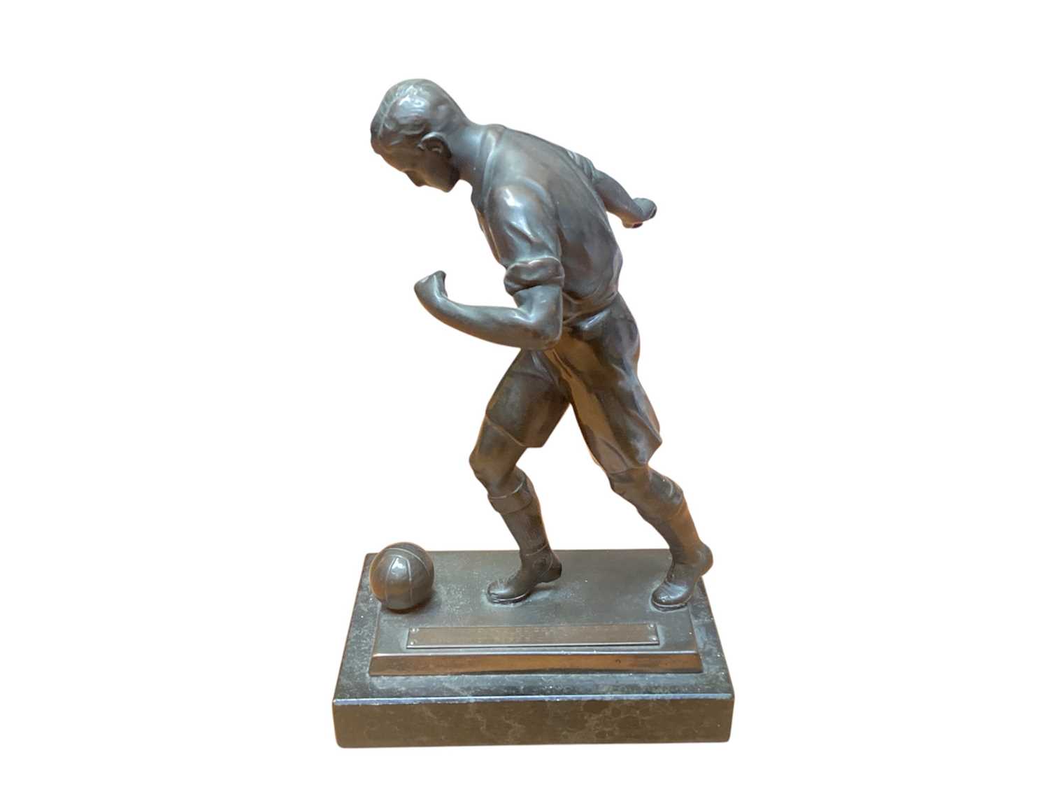 Lot 2454 - 1920s bronzed metal Football trophy with engraved inscription, dated 1928.