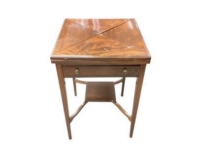 Lot 1351 - Edwardian walnut envelope top card table with drawer below, 51cm x 51cm x 75.5cm high